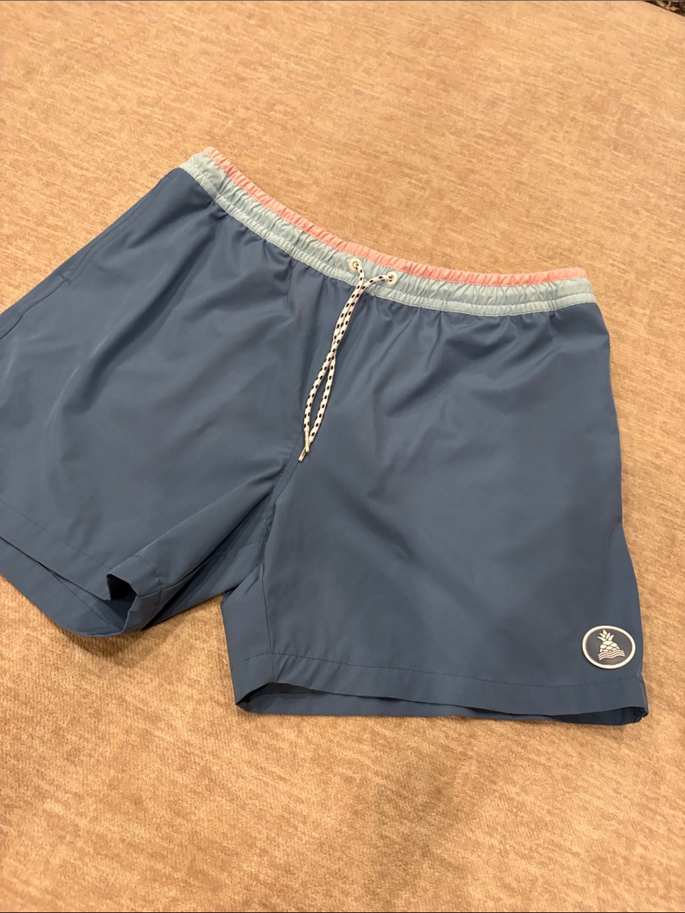chubbies Men's Blue Swim Trunks with Contrast Pink & Light Blue Waistband
